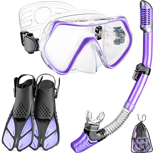 CAPAS Schnorchelmasken Flossen Set, Schnorchelausrüstung in Reisegröße für Erwachsene mit kurzen verstellbaren Schwimmflossen, hochwertige Tauchermaske und Dry Top Schnorchel, mit Tragetasche, Violett von CAPAS