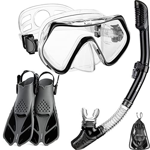 CAPAS Schnorchelmasken Flossen Set, Schnorchelausrüstung in Reisegröße für Erwachsene mit kurzen verstellbaren Schwimmflossen, hochwertige Tauchermaske und Dry Top Schnorchel (Schwarz, L/XL (42/47)) von CAPAS
