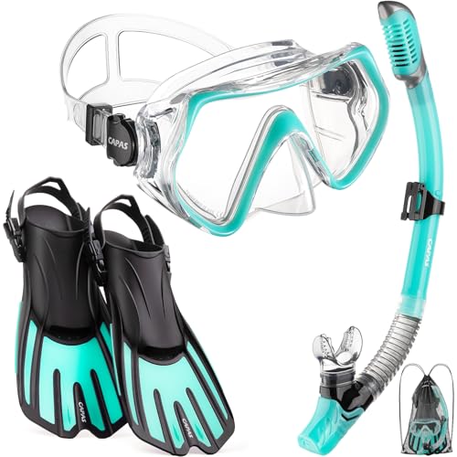 CAPAS Schnorchelset mit Flossen, Schnorchelausrüstung in Reisegröße für Erwachsene mit kurzen verstellbaren Schwimmflossen, Hochresistente Tauchermaske und Dry Top Schnorchel, mit Tragetasche CAPAS Schnorchelset mit Flossen, Schnorchelausrüstung in Reisegröße für Erwachsene mit kurzen verstellbaren Schwimmflossen, Hochresistente Tauchermaske und Dry Top Schnorchel, mit Tragetasche von CAPAS