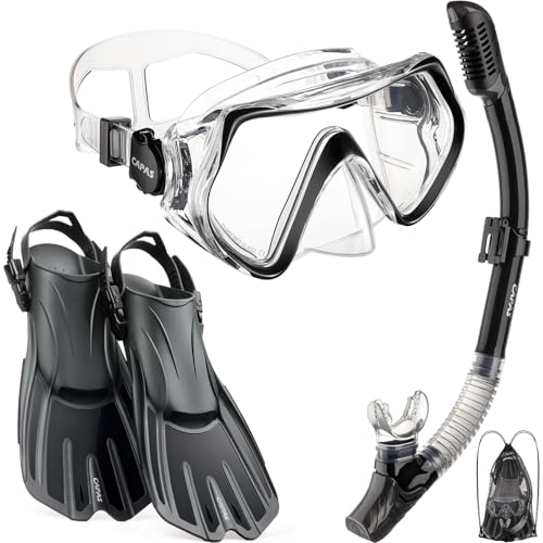 CAPAS Schnorchelset mit Flossen, Schnorchelausrüstung in Reisegröße für Erwachsene mit kurzen verstellbaren Schwimmflossen, Hochresistente Tauchermaske und Dry Top Schnorchel, mit Tragetasche CAPAS Schnorchelset mit Flossen, Schnorchelausrüstung in Reisegröße für Erwachsene mit kurzen verstellbaren Schwimmflossen, Hochresistente Tauchermaske und Dry Top Schnorchel, mit Tragetasche von CAPAS