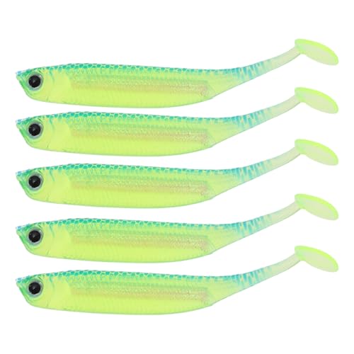 CAPASTEC 5 Stück Paddle Tail Swimbaits, 2,2g PVC Angelköder für Bassangeln, 6,5cm Köder Schwimmer für Salz- und Süßwasser, Grün Gelb von CAPASTEC