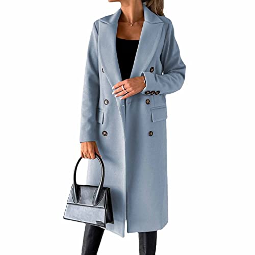 Langärmliger Wollmantel mit doppelreihigen Knöpfen, zweireihiger Langer Trenchcoat für Damen, Winddicht, mit klassischem Revers, schmaler Mantel (Blue,M) von CARGIS