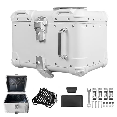 Motorrad Top case Koffer mit Rückenlehne,Aluminium Motorrad Heckbox Reisen Motorradkoffer Rollerkoffer 40L,45L Tour-Heckbox Motorrad Helmkoffer(Weiß,45 L) von CARHLEAN