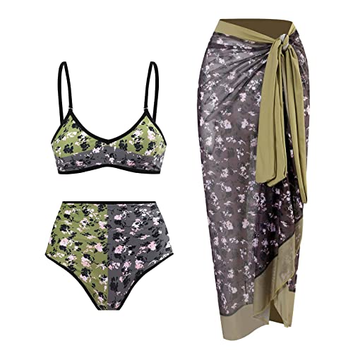 CAZSTYK 3-teilige Geteilte Badeanzüge Für Damen Hoch Taillierte Badebekleidung Mit Überwurf Floral Bedruckte Bikinis Badeanzüge Strandmode von CAZSTYK