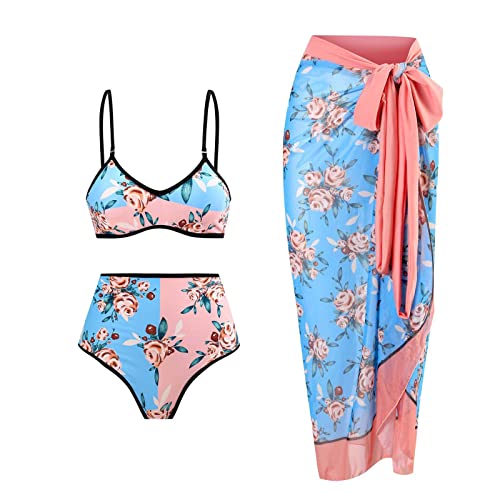 CAZSTYK 3-teilige Geteilte Badeanzüge Für Damen Hoch Taillierte Badebekleidung Mit Überwurf Floral Bedruckte Bikinis Badeanzüge Strandmode von CAZSTYK