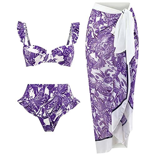 CAZSTYK 3-teilige Geteilte Badeanzüge Für Damen Hoch Taillierte Badebekleidung Mit Überwurf Floral Bedruckte Bikinis Badeanzüge Strandmode von CAZSTYK