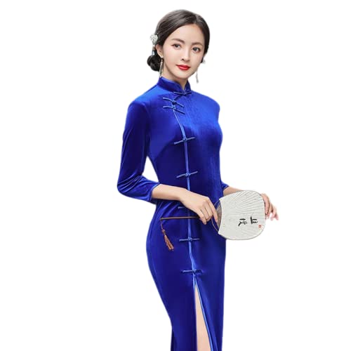 CBROOT Cheongsam Langen Ärmeln Für Damen -Chinesischer Stil Traditionelle Cheongsam Herbst Winter Samt Warmes Kleid Handmade Button Vintage Frauen Lange Kleider Sexy Party Slim Qipao, Blau, XXL von CBROOT