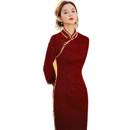 CBROOT Chinesisches Cheongsam-Kleid Für Frauen - Herbst Winter Hochzeit Cheongsam Langarm Vintage Kleid Slim Frauen Elegante Lange Traditionelle Qipao Für Bankett Party Kleidung, Rot, XL von CBROOT