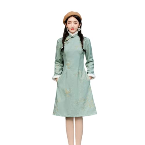CBROOT Chinesisches Cheongsam-Kleid Für Frauen - Herbst Winter Verdickt Bestickt Langarm Warm Täglich Traditionellen Cheongsam Verbesserte Mittellange Qipao Kleid Frauen Kleidung, Grün, 4XL CBROOT Chinesisches Cheongsam-Kleid Für Frauen - Herbst Winter Verdickt Bestickt Langarm Warm Täglich Traditionellen Cheongsam Verbesserte Mittellange Qipao Kleid Frauen Kleidung, Grün, 4XL von CBROOT