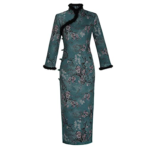 CBROOT Chinesisches Cheongsam-Kleid Für Frauen - Vintage Chinesischer Stil Cheongsam Langarm Großer Herbst Winter Warmer Samt Verdickt Schlank Elegant Bedrucktes Traditionelles Kleid, Grün, M von CBROOT