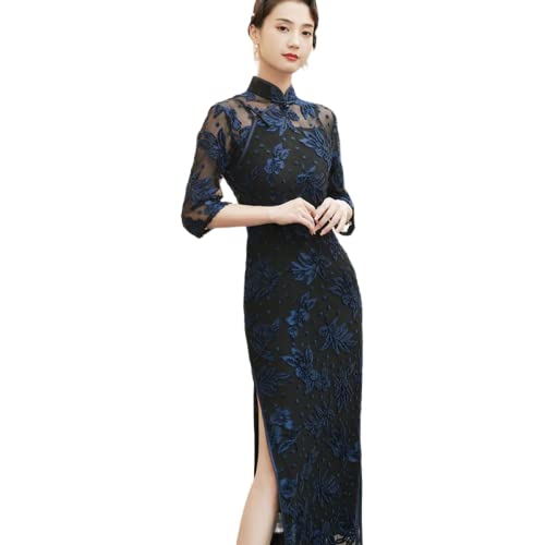 CBROOT Damen Cheongsam Kleid - Chinesischer Traditioneller Stil Lange Retro Elegante Langarm Cheongsam Temperament Schlanke Hochzeit Qipao Mode Kleid Für Frauen Mutter, Blau, M von CBROOT