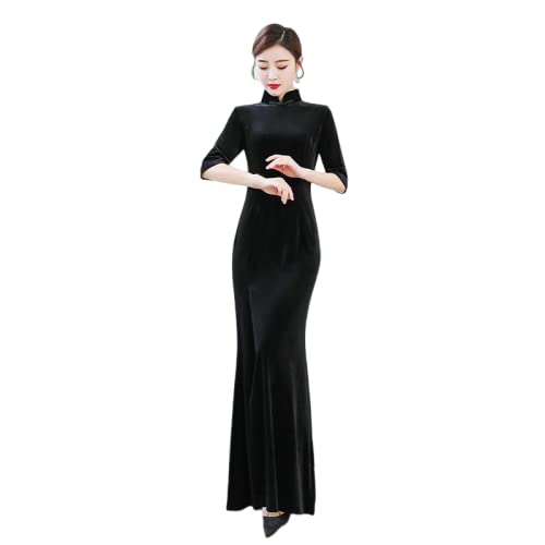 CBROOT Damen Cheongsam Kleid - Herbst Winter Warmer Samt Schlank Lange Qipao Frauen Vintage Chinesisches Kleid Orientale Traditionelle Kleidung Ständer Kragen Langarm Cheongsam, Schwarz, L von CBROOT