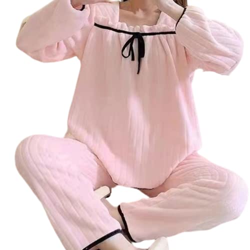 Damen-Pyjama-Set Aus Fleece In Koralle -Frauen Flanell Pyjamas Homewear Winter Warm Niedlich Süße Herbst Nachtwäsche Sets Bequem Soft Loungewear Loose Casual Home Clothing, Rosa, XL von CBROOT