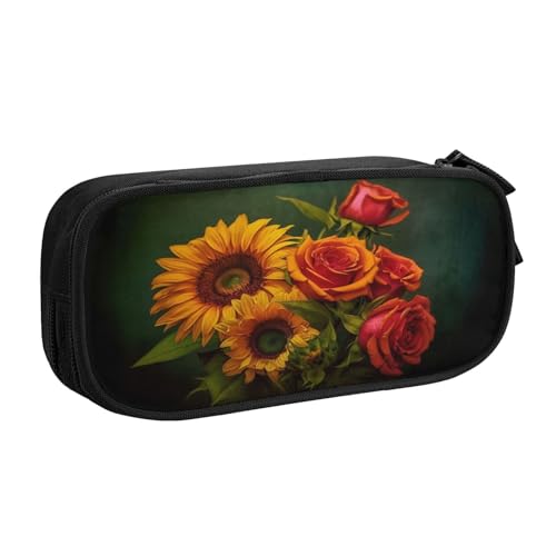 CBXYFCBC Niedliches Federmäppchen mit Sonnenblume und Rose, großes Fassungsvermögen, Federmäppchen mit Fächern, Stiftebeutel, Doppelreißverschluss, Stifteetui für Mittelschule, Studenten, Jungen und von CBXYFCBC