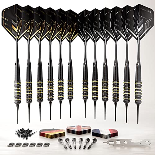 CC-Exquisite 12 X Darts Soft Tip Set - All Gold Line – Plastic Tip - 18g with 24 Flights & 18 shafts + Extra Soft Tips, Dart Tool, Rubber O-Rings – Fully Customizable von CC-Exquisite