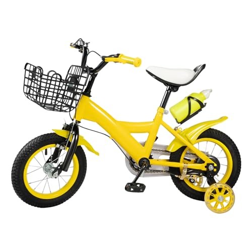 CCAUUB 12" Kinder Fahrrad Balance-Fahrrad mit Korb & Trainingsrädern für Alter 2-4, Höhe Einstellbar Kinderfahrrad mit Schutzblech und Bell, Blinklicht Hilfsrad, Easy Learn Biken (Gelb) von CCAUUB