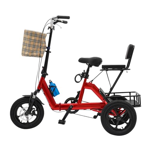 CCAUUB 14 Zoll Erwachsenes Dreirad Faltbar Trikes Cruiser Bike, 3-Rad Einstellbar Fahrräder mit 2 Korb, Kettle&Kettle Rack, Tragfähigkeit von 160kg, für Outdoor/Shopping/Freizeit/Picknick (Rot) von CCAUUB