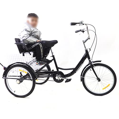 CCAUUB 20 Zoll Erwachsenes Dreirad Trikes Cruiser Bike, 3-Rad Fahrräder mit Kindersitz & großem Korb, 20" Verstellbarer Dreirad für Outdoor/Shopping/Freizeit/Picknick von CCAUUB