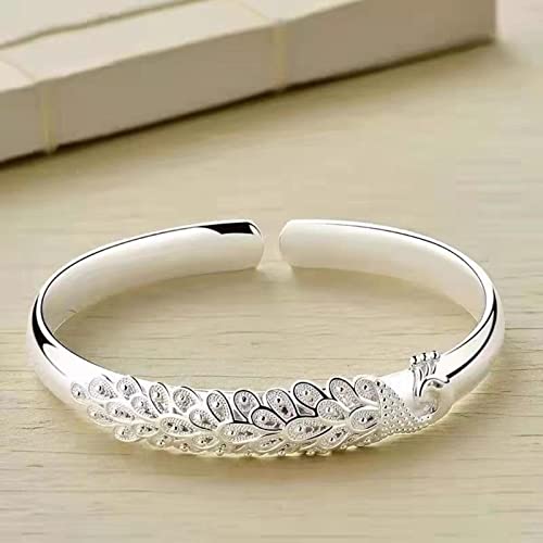 CCTUNG Silbernes Armband für Frauen 925 Sterling Silber Elegantes Pfauen Eröffnungsbildschirm Armband Armreifen Für Frauen Fashion Party Hochzeitszubehör Juwely Geschenk-Default von CCTUNG