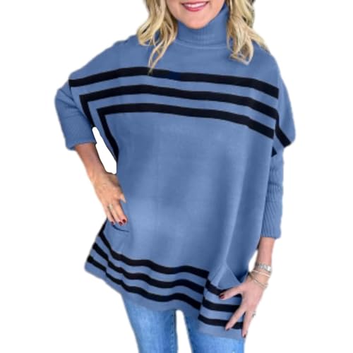 CEAeis Rollkragenpullover mit Fledermausärmeln, gestreifter Pullover mit hohem Kragen und Fledermausärmeln für Damen, lockerer, lässiger, Leichter Strickpullover (Blue,XL) von CEAeis