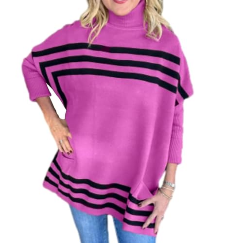 CEAeis Rollkragenpullover mit Fledermausärmeln, gestreifter Pullover mit hohem Kragen und Fledermausärmeln für Damen, lockerer, lässiger, Leichter Strickpullover (Rose Red,L) von CEAeis