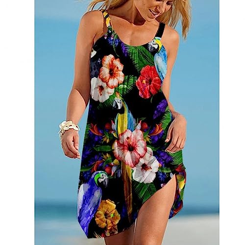 CECECOLEPansr Freizeitkleider Für Damen - Sommer Beiläufige Lose Damen Strand Trägerkleider Bunte Papagei Tier 3D-Druck Kleid Spaghettiträger U-Ausschnitt Kleider Frauen Partykleidung, Dress05, XXL von CECECOLEPansr