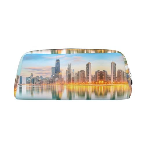 CHANGLEI Chicago Downtown Sunset Federmäppchen aus Leder, personalisierbar, für Mädchen und Jungen, bedrucktes, leichtes Federmäppchen, silber, Einheitsgröße, Taschen-Organizer von CHANGLEI