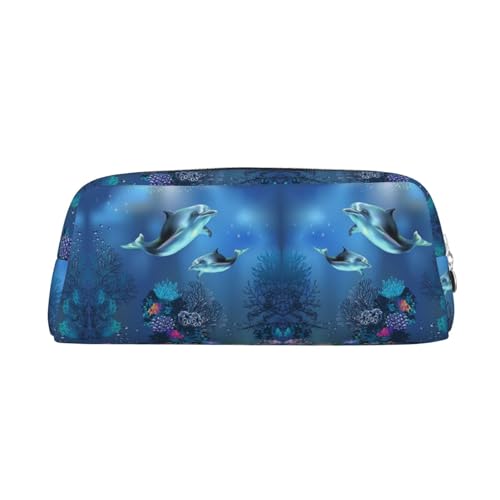 CHANGLEI Underwater World Federmäppchen aus Leder, Delfine, Koralle, personalisierbar, für Mädchen und Jungen, bedruckt, leicht, Federmäppchen, silber, Einheitsgröße, Taschen-Organizer von CHANGLEI