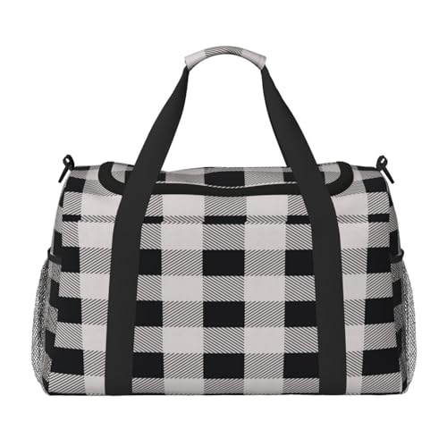 Monochrome karierte Reisetasche für Damen und Herren, bedrucktes Polyester, Tragetasche mit Schultergurt, Schwarz , Einheitsgröße von CHANGLEI