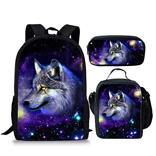 chaqlin Mode Galaxy Tier Rucksack Schultaschen für Jungen Mädchen Buch Tasche Daypack, (3 Stücke) Wolf-1, Einheitsgröße, Schulrucksack von chaqlin