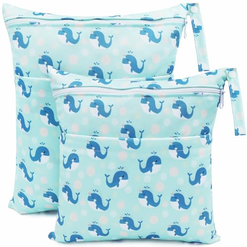 CHEESANHERR Nasstaschen Windeltasche, 2 Stück Wetbag Organiser Kindergarten, Stoffwindeln Wickeltasche Groß Nasssack Nassbeutel Naßtasche Wiederverwendbare wasserdichte für Baby (Blauer Wal) von CHEESANHERR