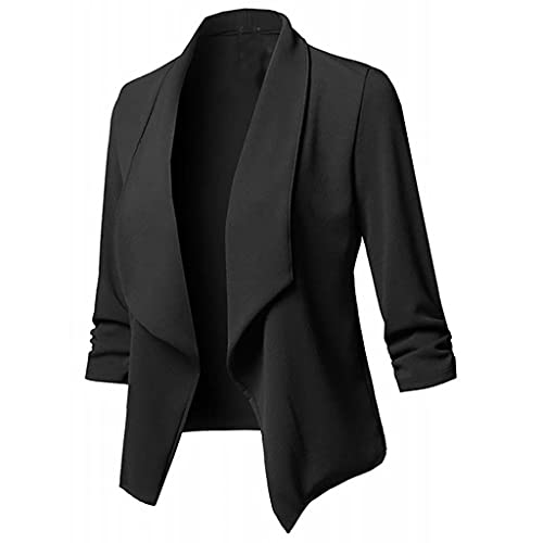 CHENGY Damen Blazer Elegant 3/4 Ärmel Anzugjacke Open Cardigan mit Schößchen Rüschen Saum Jacke Herbst Dünne Arbeitsbekleidung Geschäft Büro Kurz Mantel von CHENGY