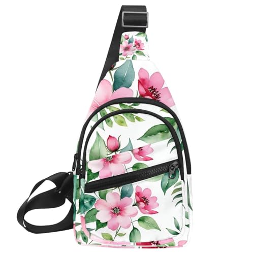 Rosa Blumen mit Blättern Crossbody Tasche mit verstellbarem Schultergurt Schultertasche für Damen und Herren Sling Rucksack für Reisen, Radfahren, Arbeit, Sport, Mehrfarbig 06, 11.8x7x1.5in/30x18x4cm von CHENZZZZ