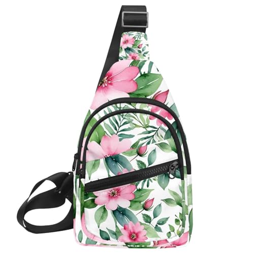 Rosa Blumen mit Blättern Crossbody Tasche mit verstellbarem Schultergurt Schultertasche für Damen und Herren Sling Rucksack für Reisen, Radfahren, Arbeit, Sport, Mehrfarbig 12, 11.8x7x1.5in/30x18x4cm von CHENZZZZ