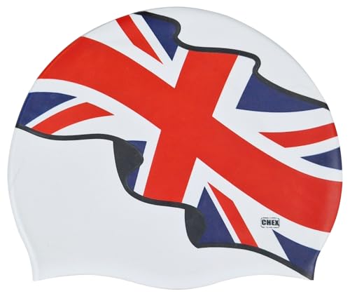 CHEX Dehnbare Silikon-Badekappe, Unisex, für Damen und Herren, Einteiler, britische Flagge, Einheitsgröße, Erwachsene zum Überziehen von CHEX