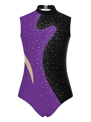 CHICTRY Akrobatik Body Damen Strass Glitzer Ballettanzug Stehkragen Tanzbody Ärmellos Patchwork Trikotanzug Mit Cut Out Tanzkostüm Violett XL von CHICTRY