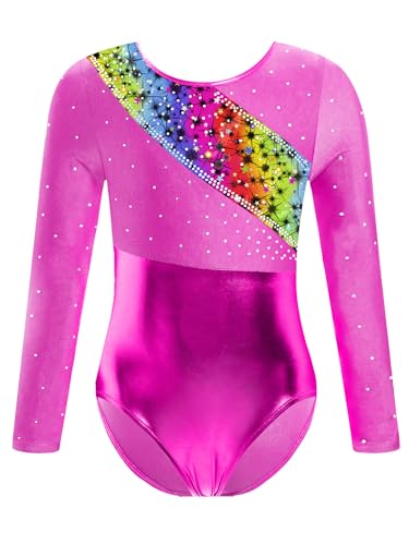 CHICTRY Ballettanzug Mädchen Langarm Metallic Body Kinder Strass Glitzer Turnanzug Cut Out Leotard Wettbewerb Tanzkostüm Heißer Rosa & Sternenhimmel 134-140 von CHICTRY