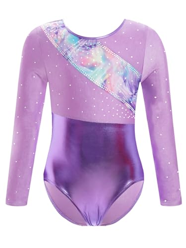 CHICTRY Ballettanzug Mädchen Langarm Metallic Body Kinder Strass Glitzer Turnanzug Cut Out Leotard Wettbewerb Tanzkostüm Helles Lila 146-152 von CHICTRY