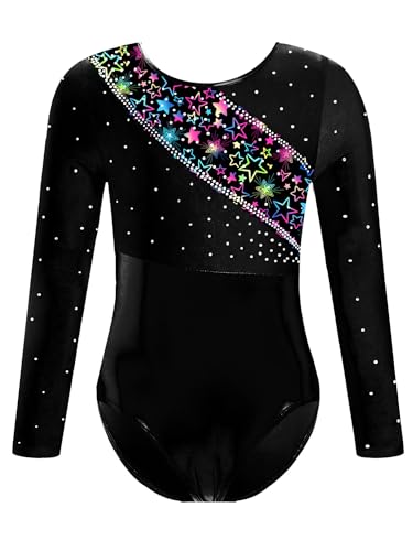 CHICTRY Ballettanzug Mädchen Langarm Metallic Body Kinder Strass Glitzer Turnanzug Cut Out Leotard Wettbewerb Tanzkostüm Schwarz 146-152 von CHICTRY