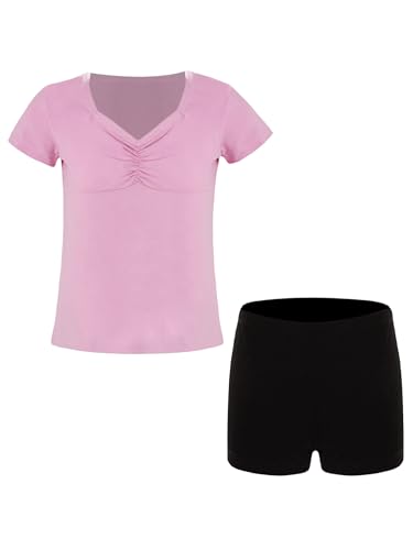 CHICTRY Ballettkleidung Mädchen Kinder Zweiteiler Ballettanzug Kurzarm Tanz Top Gerafftes Oberteil Mit Shorts Dancewear Rosa 134-140 von CHICTRY