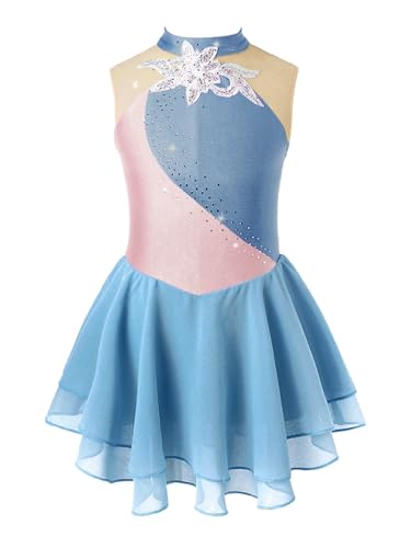 CHICTRY Kinder Ballettkleid Eiskunstlauf Kleider Mädchen Strass Tanzkleid Glitzer Ärmellos Ballettanzug Patchwork Tanzbody Wettbewerb Tanzkostüm Grau Blau 146-152 von CHICTRY