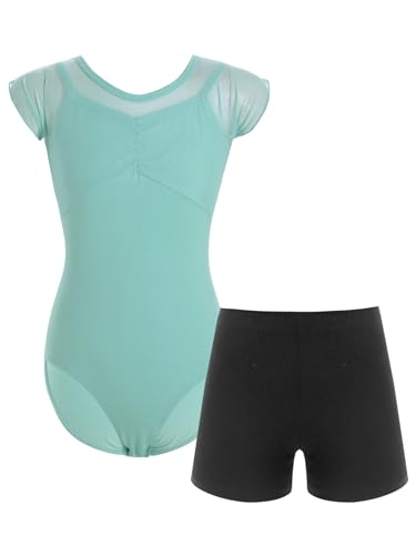 CHICTRY Kinder Mädchen Ballettanzug Kurzarm Tanzbody Cut Out Leotard Mit Stretch Shorts Hot Pants 2tlg Tanzkleidung Grün 158-164 von CHICTRY