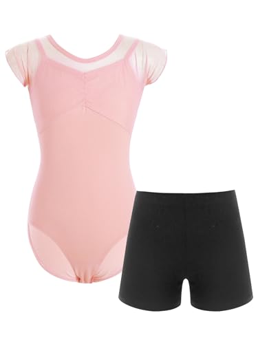 CHICTRY Kinder Mädchen Ballettanzug Kurzarm Tanzbody Cut Out Leotard Mit Stretch Shorts Hot Pants 2tlg Tanzkleidung Koralle 146-152 von CHICTRY