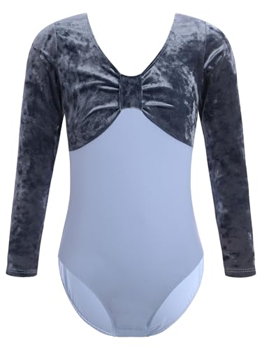 CHICTRY Kinder Mädchen Samt Ballettanzug Langarm Tanzbody V-Ausschnitt Trikotanzug Winter Gymnastik Body Trikot Mit Druckknöpfen Blau 134-140 von CHICTRY