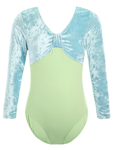 CHICTRY Kinder Mädchen Samt Ballettanzug Langarm Tanzbody V-Ausschnitt Trikotanzug Winter Gymnastik Body Trikot Mit Druckknöpfen Hellgrün 92-98 von CHICTRY