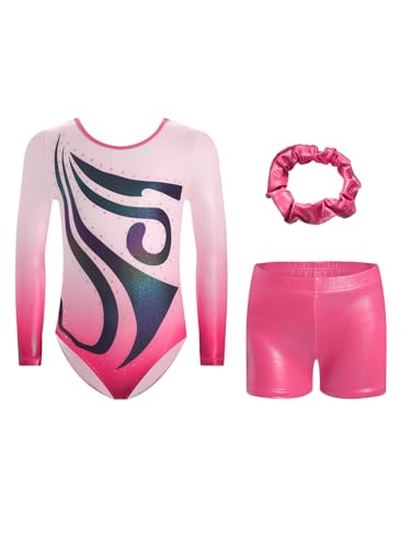 CHICTRY Kinder Mädchen Wetlook Ballettanzug Langarm Tanzbody Strass Glitzer Trikotanzug Mit Shorts Haarband 3tlg Tanzkostüm Rosa 134-140 von CHICTRY