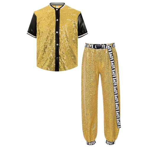 CHICTRY Pailletten Sportanzug Kinder Mädchen Set Kurzarm Baseball Jacke Stehkragen Oberteil Glitzer Tanzhose Locker Leggings Mit Buchstaben Print Gürtel Gold 158-164 von CHICTRY