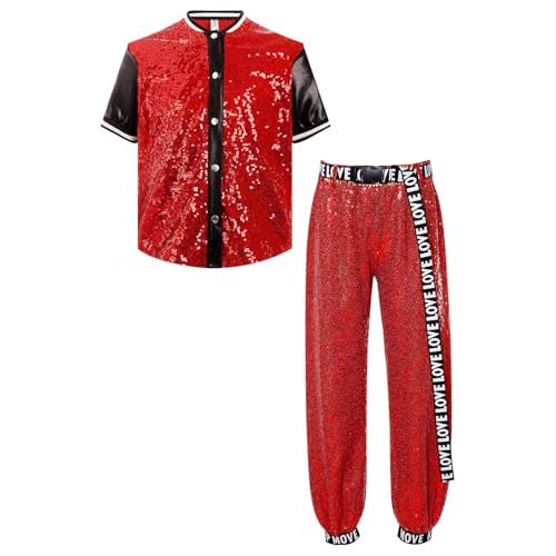 CHICTRY Pailletten Sportanzug Kinder Mädchen Set Kurzarm Baseball Jacke Stehkragen Oberteil Glitzer Tanzhose Locker Leggings Mit Buchstaben Print Gürtel Rot 170 von CHICTRY