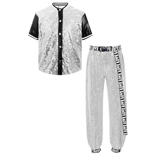 CHICTRY Pailletten Sportanzug Kinder Mädchen Set Kurzarm Baseball Jacke Stehkragen Oberteil Glitzer Tanzhose Locker Leggings Mit Buchstaben Print Gürtel Silber 146-152 von CHICTRY