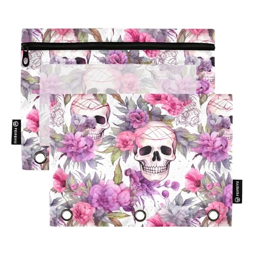 CHIFIGNO Federmäppchen mit Totenköpfen und Blumen, Rosa und Lila, für 3-Ringbinder, Federmäppchen mit transparentem Fenster, Stifttasche für Zuhause, Büro, 2 Stück von CHIFIGNO